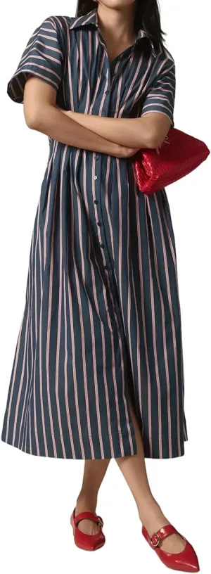 MISSACTIVER Women Button Front Pleated Shirt Dress Summer Striped Short Sleeve Lapel V Neck Corset Maxi Dress with Pockets