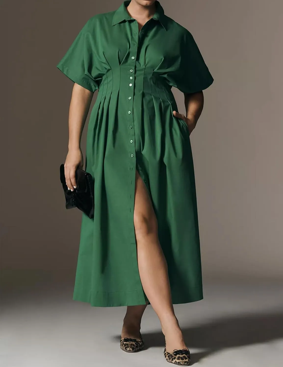 MISSACTIVER Women Button Front Pleated Shirt Dress Summer Striped Short Sleeve Lapel V Neck Corset Maxi Dress with Pockets