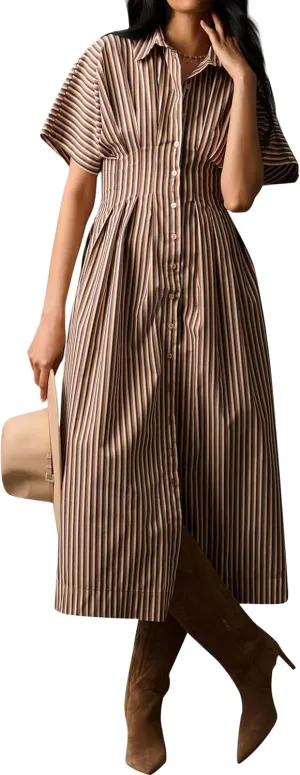 MISSACTIVER Women Button Front Pleated Shirt Dress Summer Striped Short Sleeve Lapel V Neck Corset Maxi Dress with Pockets
