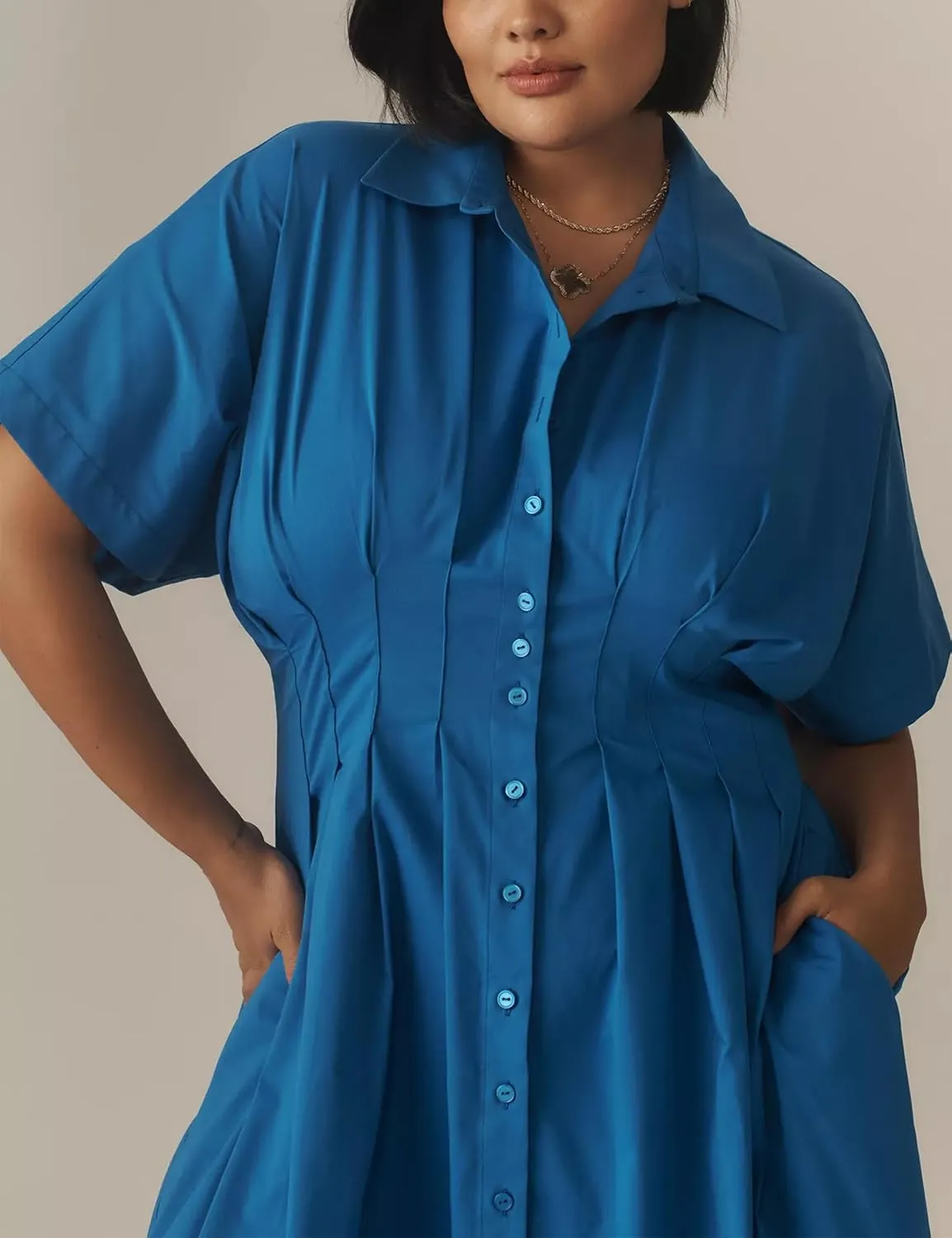 MISSACTIVER Women Button Front Pleated Shirt Dress Summer Striped Short Sleeve Lapel V Neck Corset Maxi Dress with Pockets