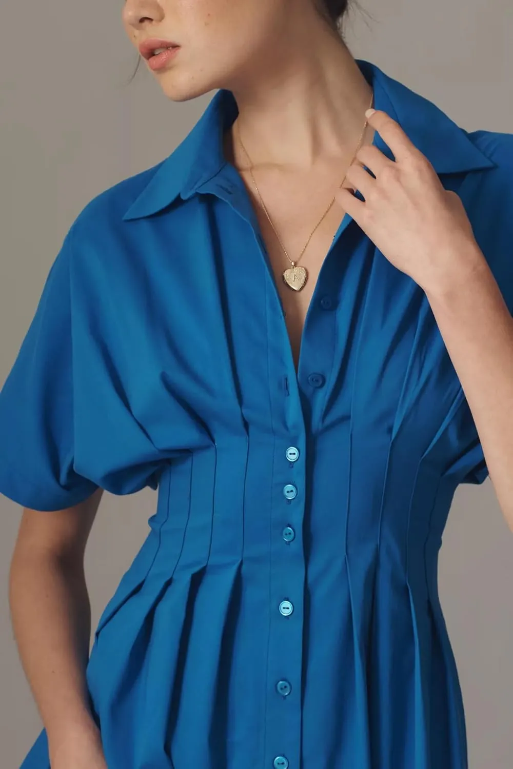 MISSACTIVER Women Button Front Pleated Shirt Dress Summer Striped Short Sleeve Lapel V Neck Corset Maxi Dress with Pockets