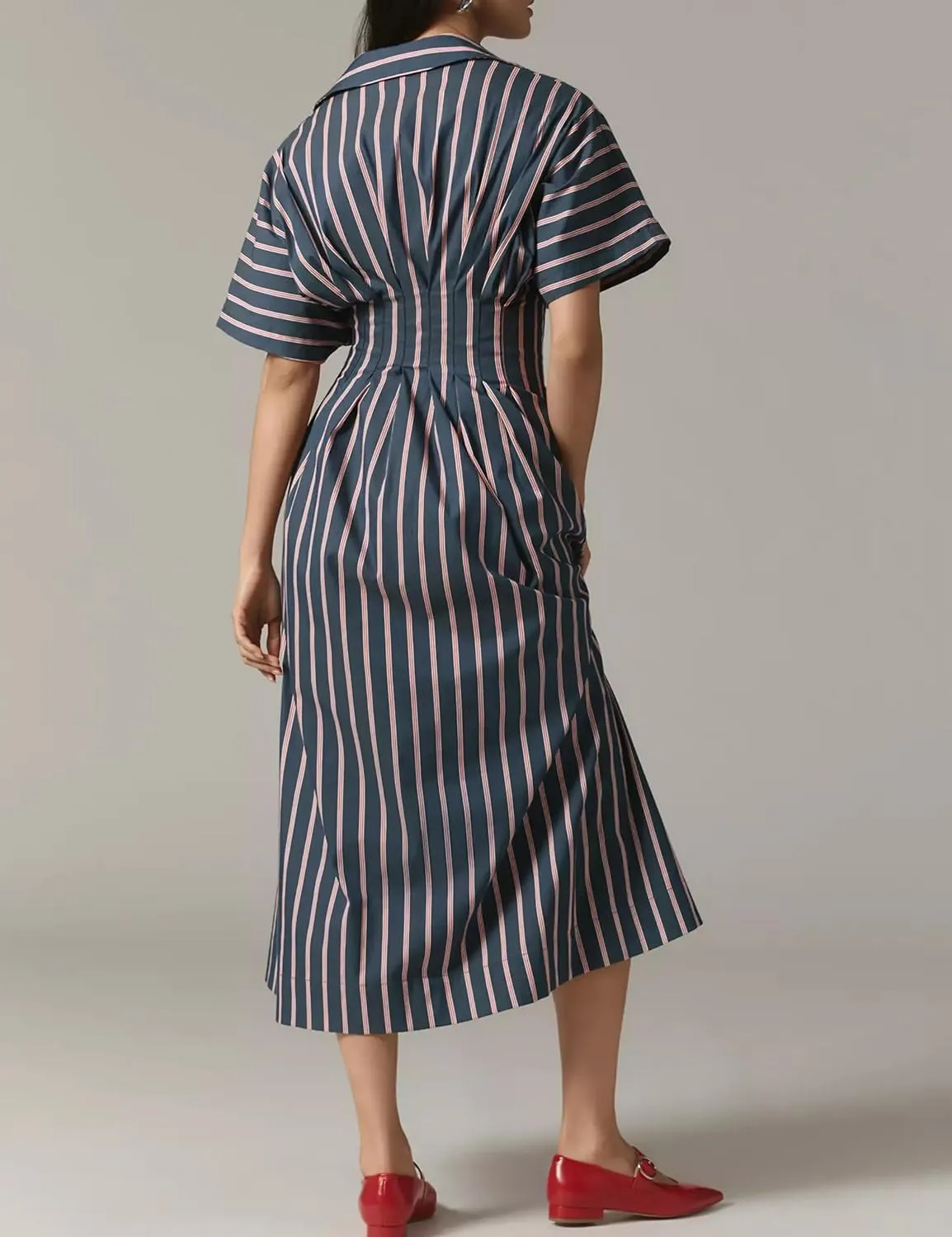 MISSACTIVER Women Button Front Pleated Shirt Dress Summer Striped Short Sleeve Lapel V Neck Corset Maxi Dress with Pockets