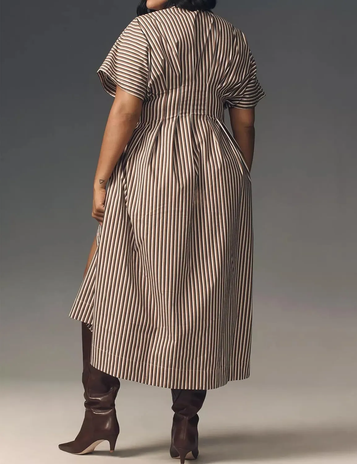 MISSACTIVER Women Button Front Pleated Shirt Dress Summer Striped Short Sleeve Lapel V Neck Corset Maxi Dress with Pockets