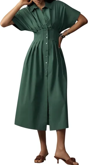 MISSACTIVER Women Button Front Pleated Shirt Dress Summer Striped Short Sleeve Lapel V Neck Corset Maxi Dress with Pockets