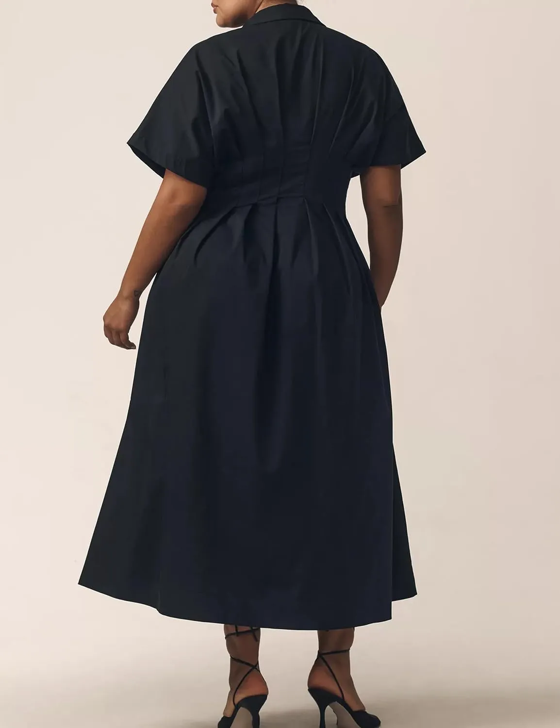 MISSACTIVER Women Button Front Pleated Shirt Dress Summer Striped Short Sleeve Lapel V Neck Corset Maxi Dress with Pockets