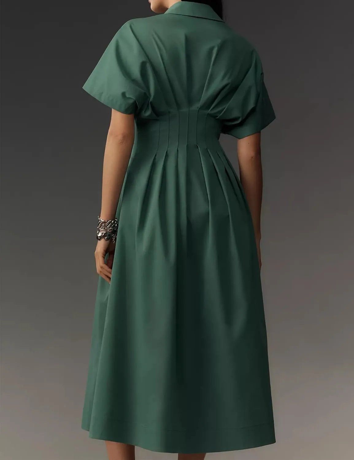 MISSACTIVER Women Button Front Pleated Shirt Dress Summer Striped Short Sleeve Lapel V Neck Corset Maxi Dress with Pockets
