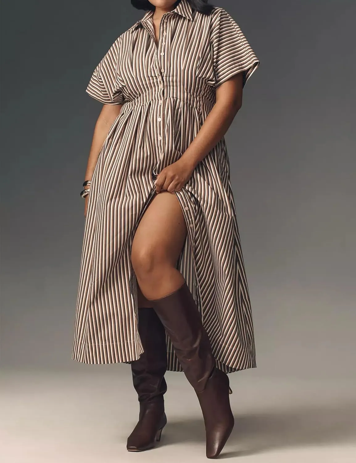 MISSACTIVER Women Button Front Pleated Shirt Dress Summer Striped Short Sleeve Lapel V Neck Corset Maxi Dress with Pockets