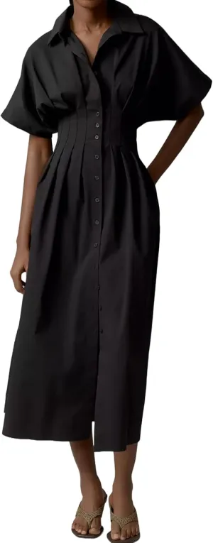 MISSACTIVER Women Button Front Pleated Shirt Dress Summer Striped Short Sleeve Lapel V Neck Corset Maxi Dress with Pockets