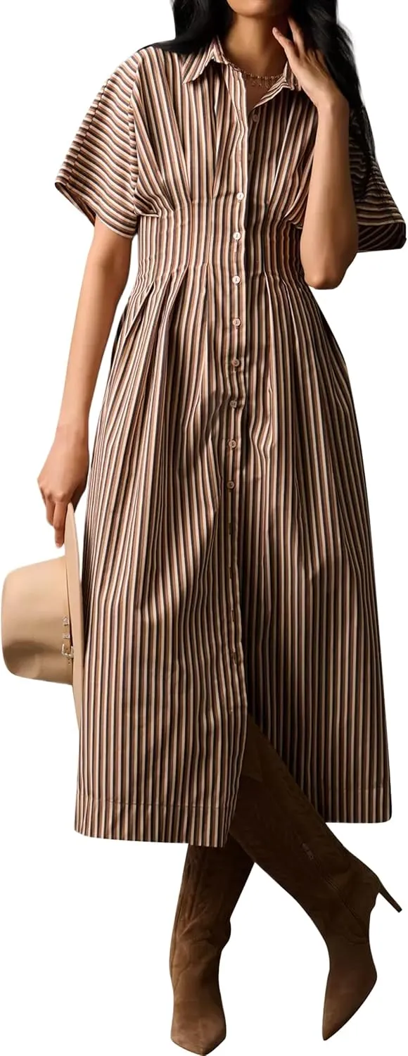 MISSACTIVER Women Button Front Pleated Shirt Dress Summer Striped Short Sleeve Lapel V Neck Corset Maxi Dress with Pockets