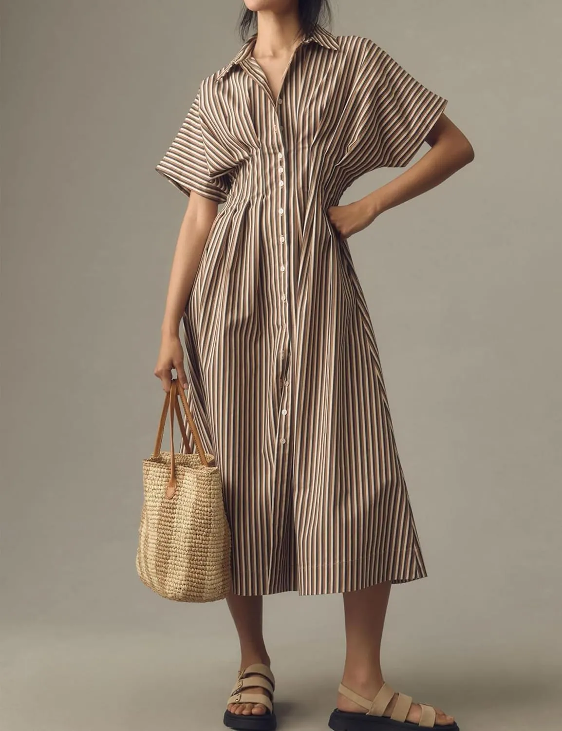 MISSACTIVER Women Button Front Pleated Shirt Dress Summer Striped Short Sleeve Lapel V Neck Corset Maxi Dress with Pockets