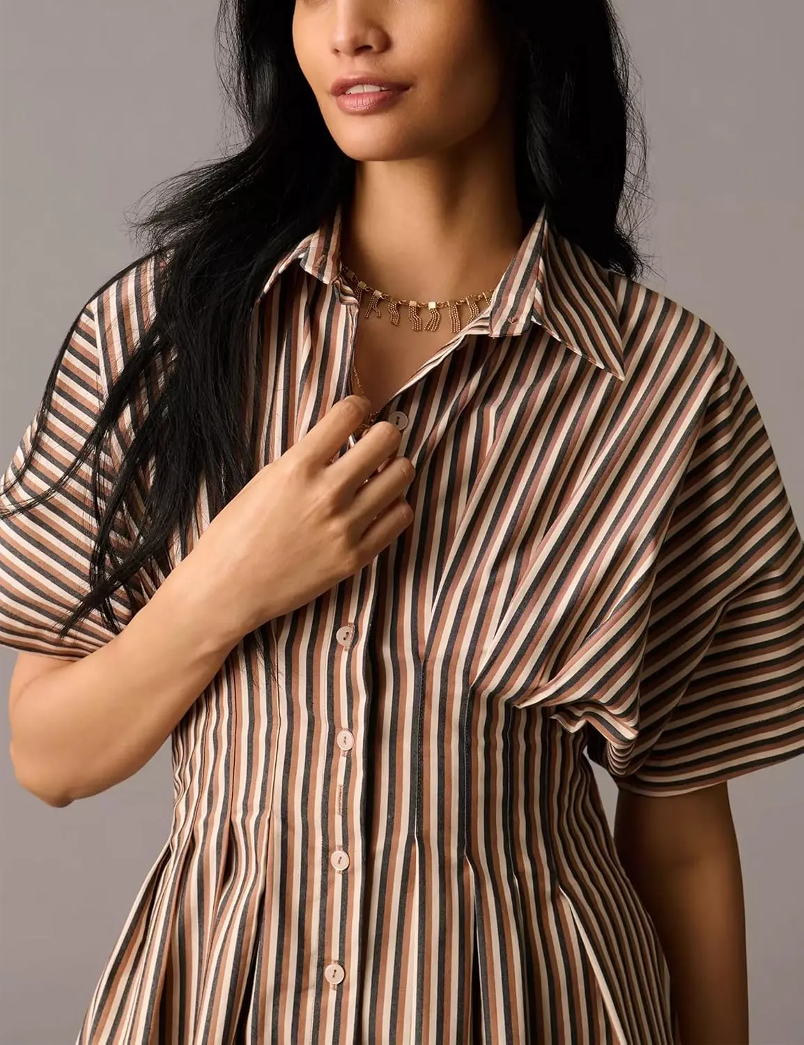 MISSACTIVER Women Button Front Pleated Shirt Dress Summer Striped Short Sleeve Lapel V Neck Corset Maxi Dress with Pockets