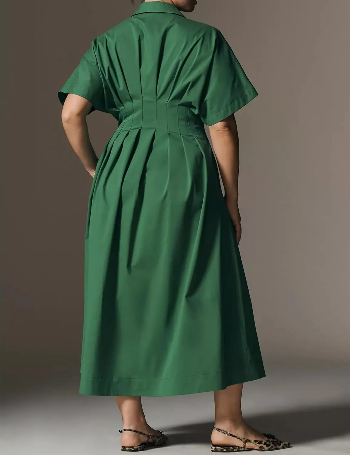 MISSACTIVER Women Button Front Pleated Shirt Dress Summer Striped Short Sleeve Lapel V Neck Corset Maxi Dress with Pockets
