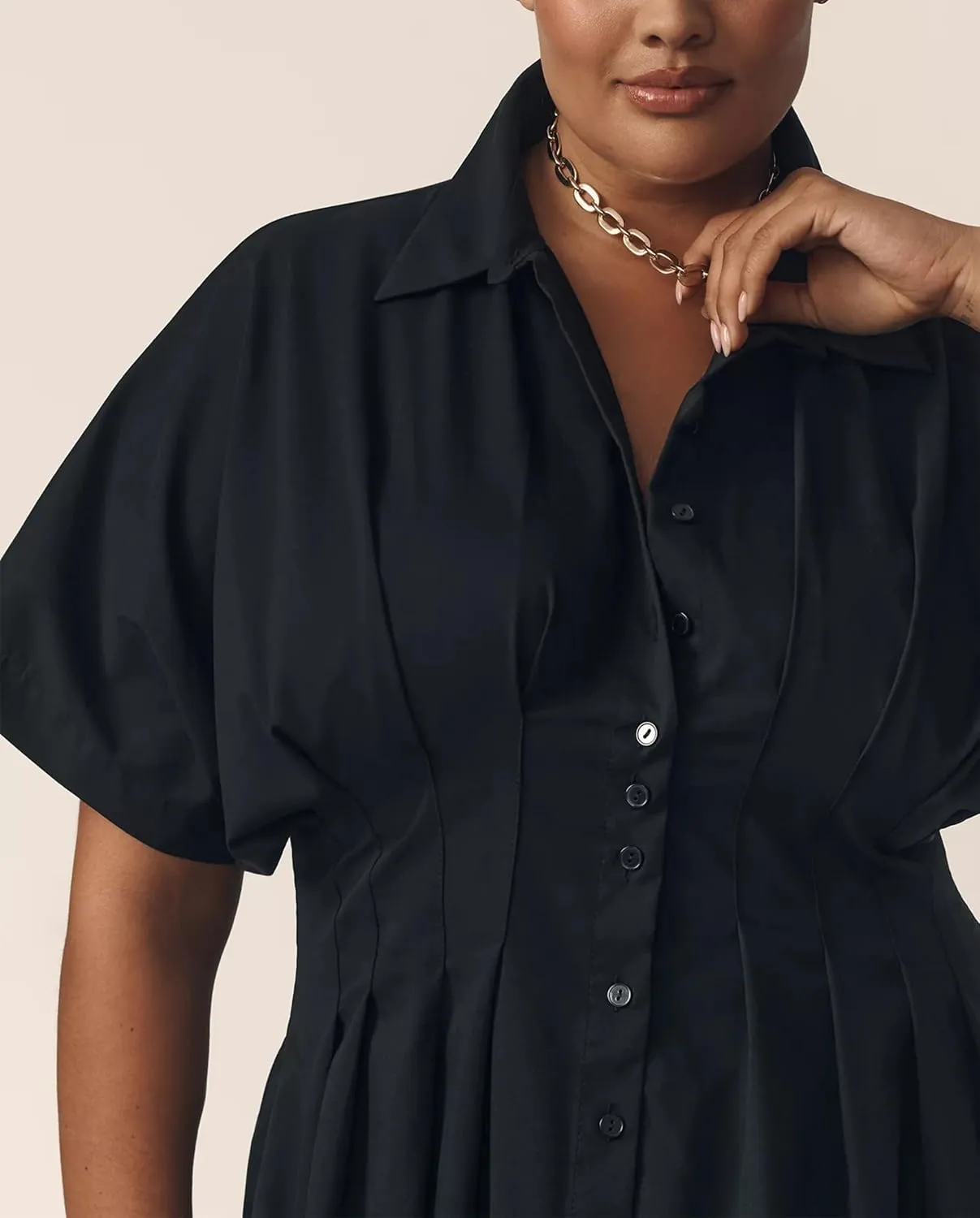 MISSACTIVER Women Button Front Pleated Shirt Dress Summer Striped Short Sleeve Lapel V Neck Corset Maxi Dress with Pockets