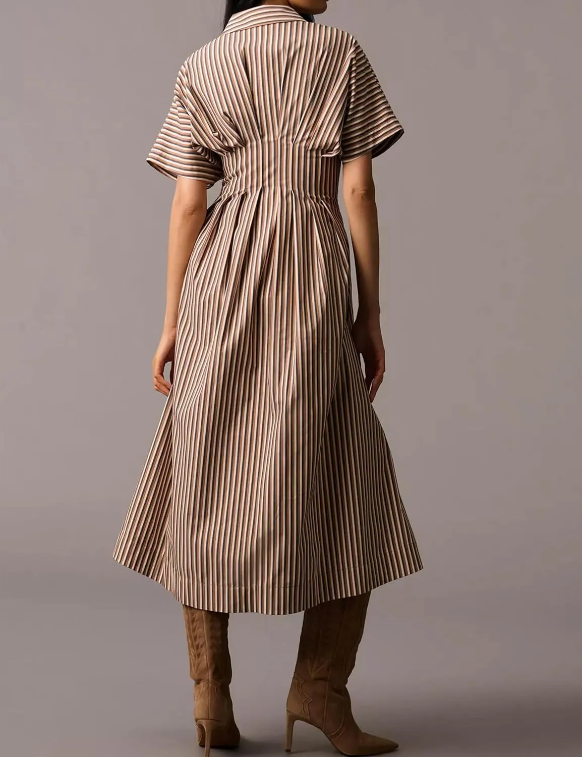 MISSACTIVER Women Button Front Pleated Shirt Dress Summer Striped Short Sleeve Lapel V Neck Corset Maxi Dress with Pockets