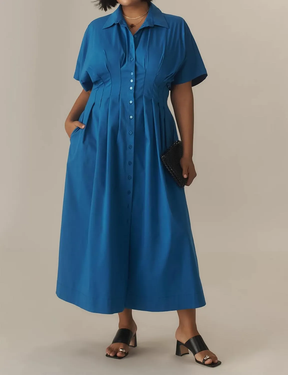 MISSACTIVER Women Button Front Pleated Shirt Dress Summer Striped Short Sleeve Lapel V Neck Corset Maxi Dress with Pockets