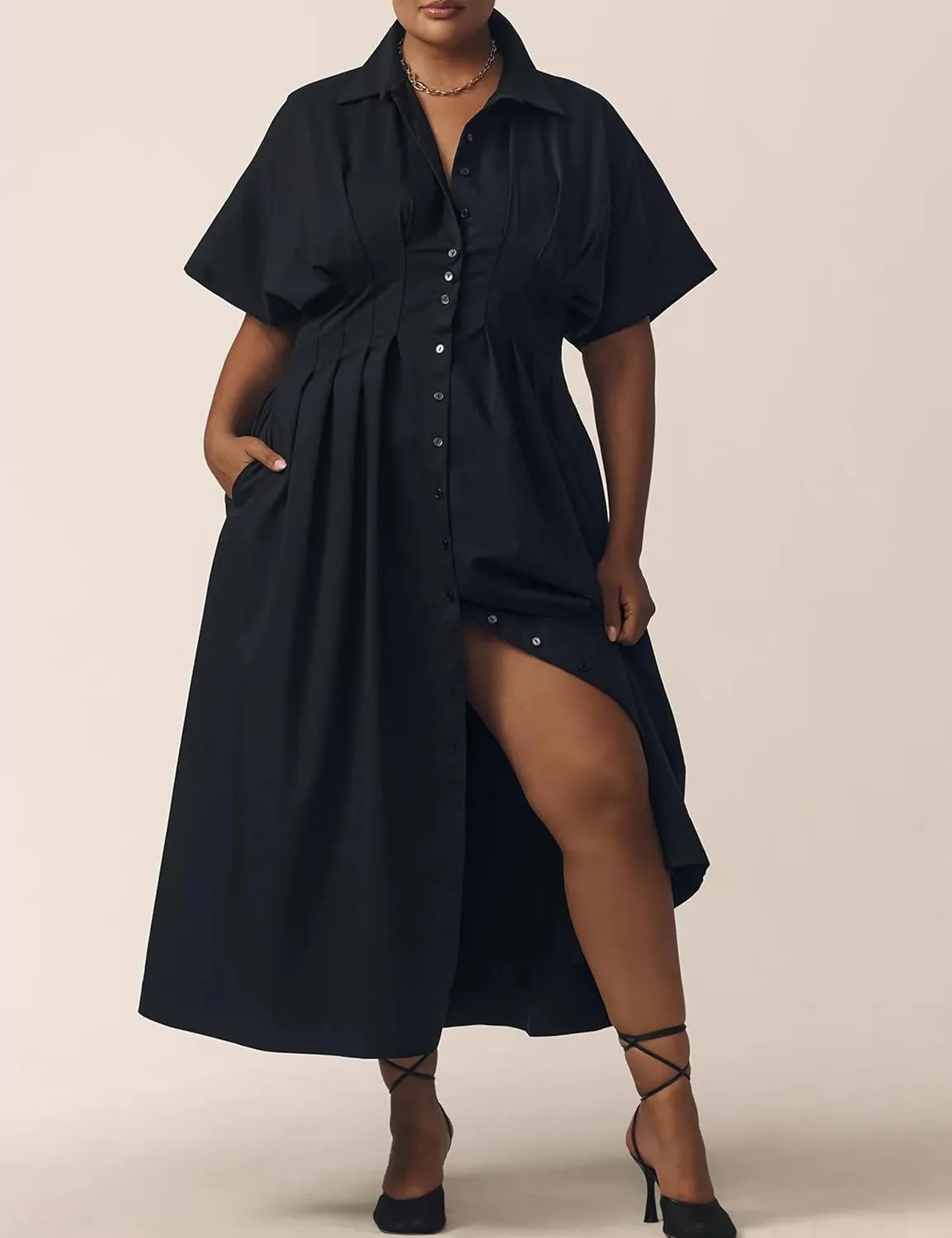 MISSACTIVER Women Button Front Pleated Shirt Dress Summer Striped Short Sleeve Lapel V Neck Corset Maxi Dress with Pockets