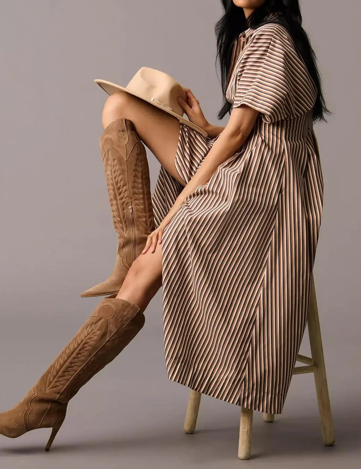 MISSACTIVER Women Button Front Pleated Shirt Dress Summer Striped Short Sleeve Lapel V Neck Corset Maxi Dress with Pockets
