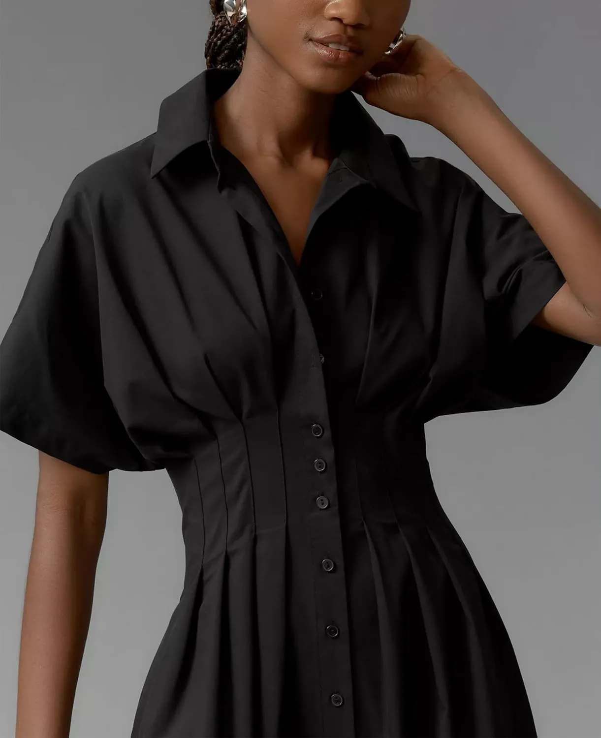 MISSACTIVER Women Button Front Pleated Shirt Dress Summer Striped Short Sleeve Lapel V Neck Corset Maxi Dress with Pockets