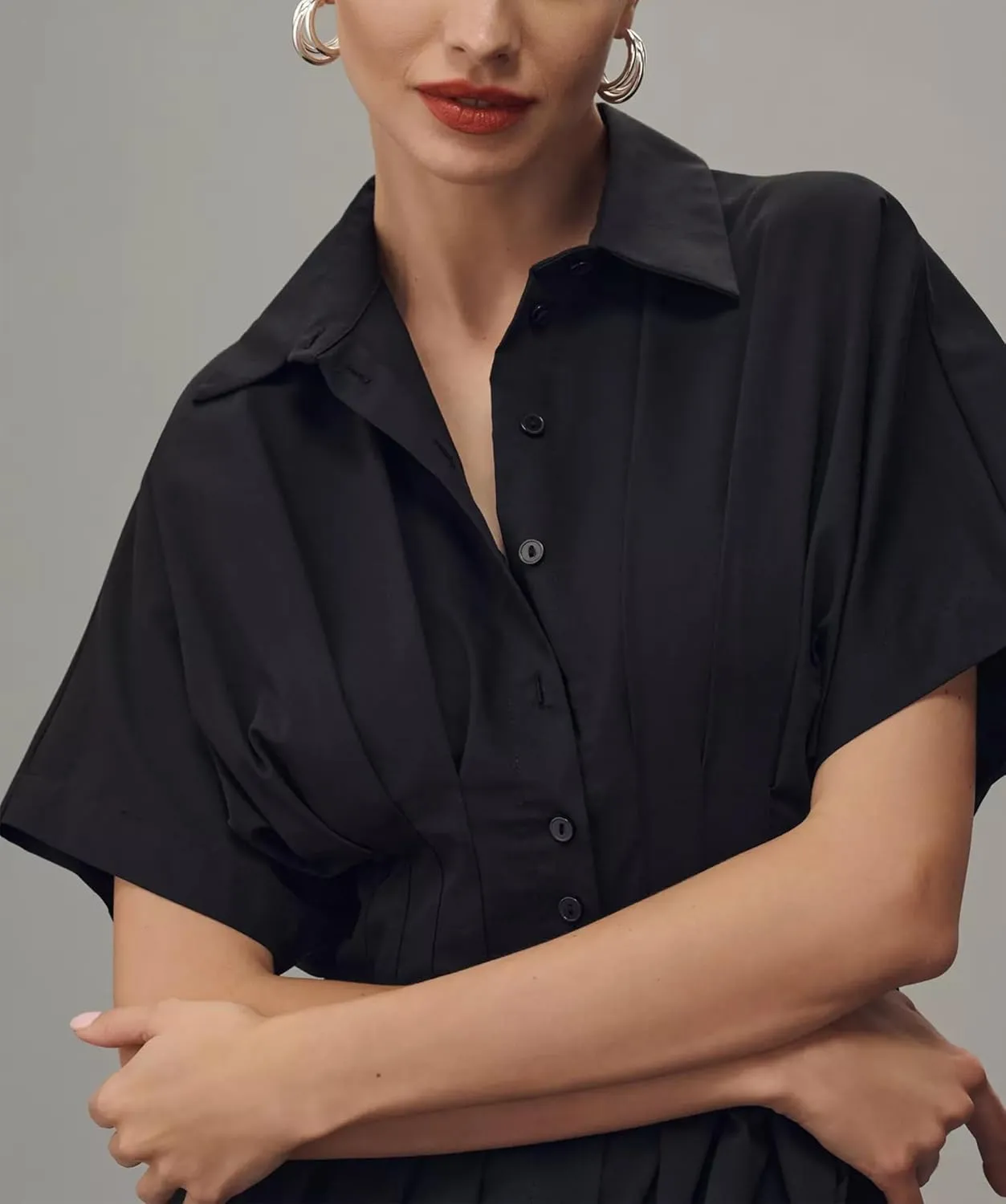MISSACTIVER Women Button Front Pleated Shirt Dress Summer Striped Short Sleeve Lapel V Neck Corset Maxi Dress with Pockets