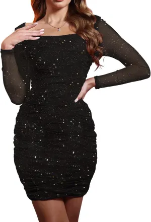 MOEENCN Women Mesh Dress Sparkly Long Sleeve Square Collar Pleated Bodycon Dresses Party Night Club Outfits