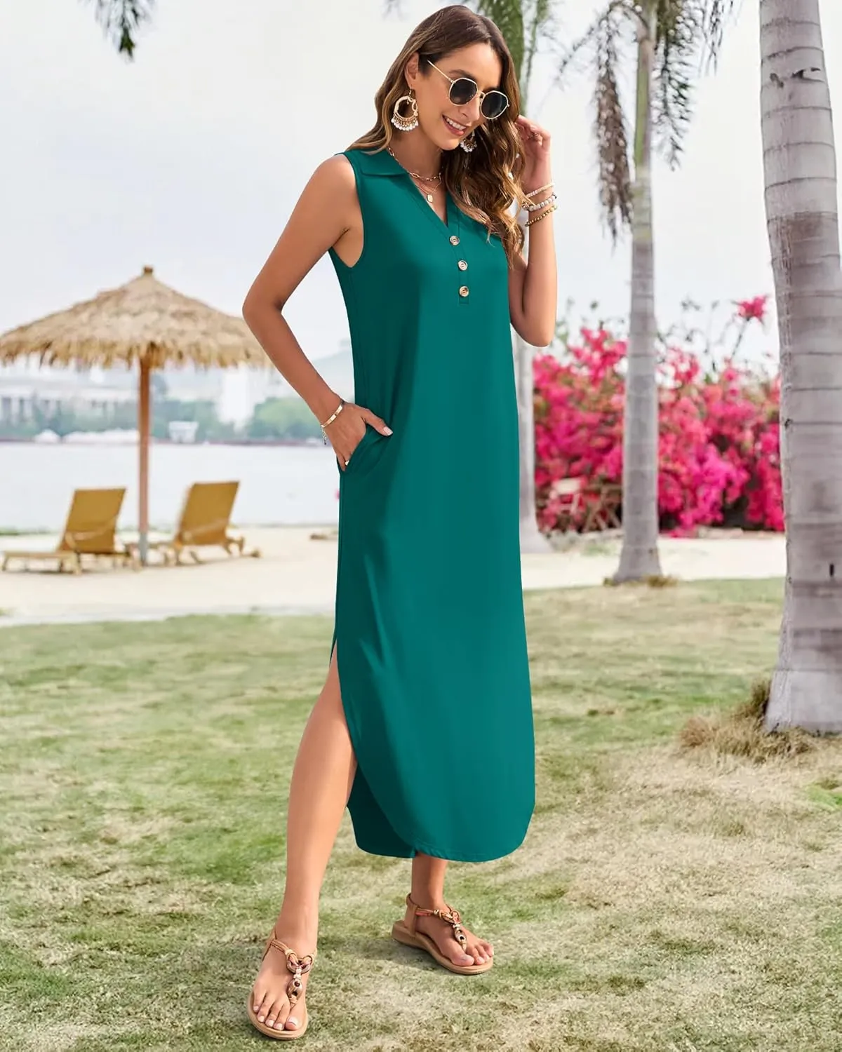 MOLERANI Women's Casual V Neck Maxi Dress Summer Long Sleeveless Sundress with Button 2025 Loose Fit Pockets