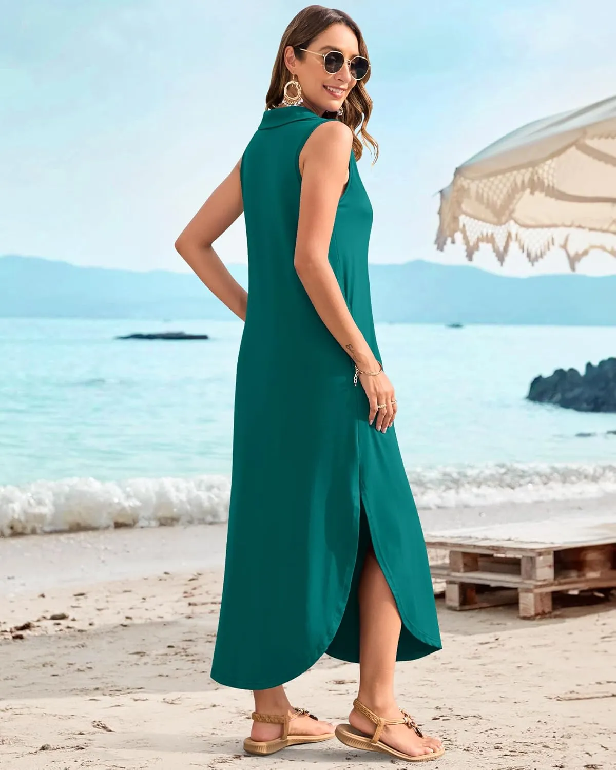 MOLERANI Women's Casual V Neck Maxi Dress Summer Long Sleeveless Sundress with Button 2025 Loose Fit Pockets