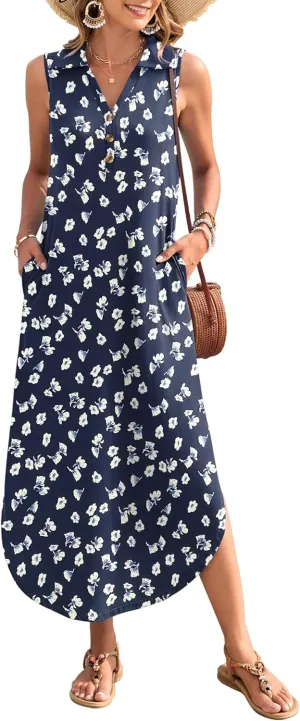 MOLERANI Women's Casual V Neck Maxi Dress Summer Long Sleeveless Sundress with Button 2025 Loose Fit Pockets