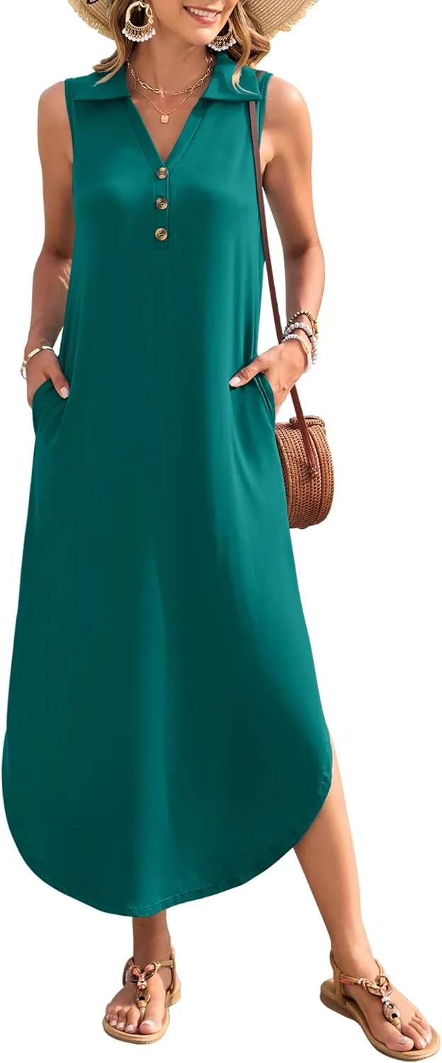 MOLERANI Women's Casual V Neck Maxi Dress Summer Long Sleeveless Sundress with Button 2025 Loose Fit Pockets