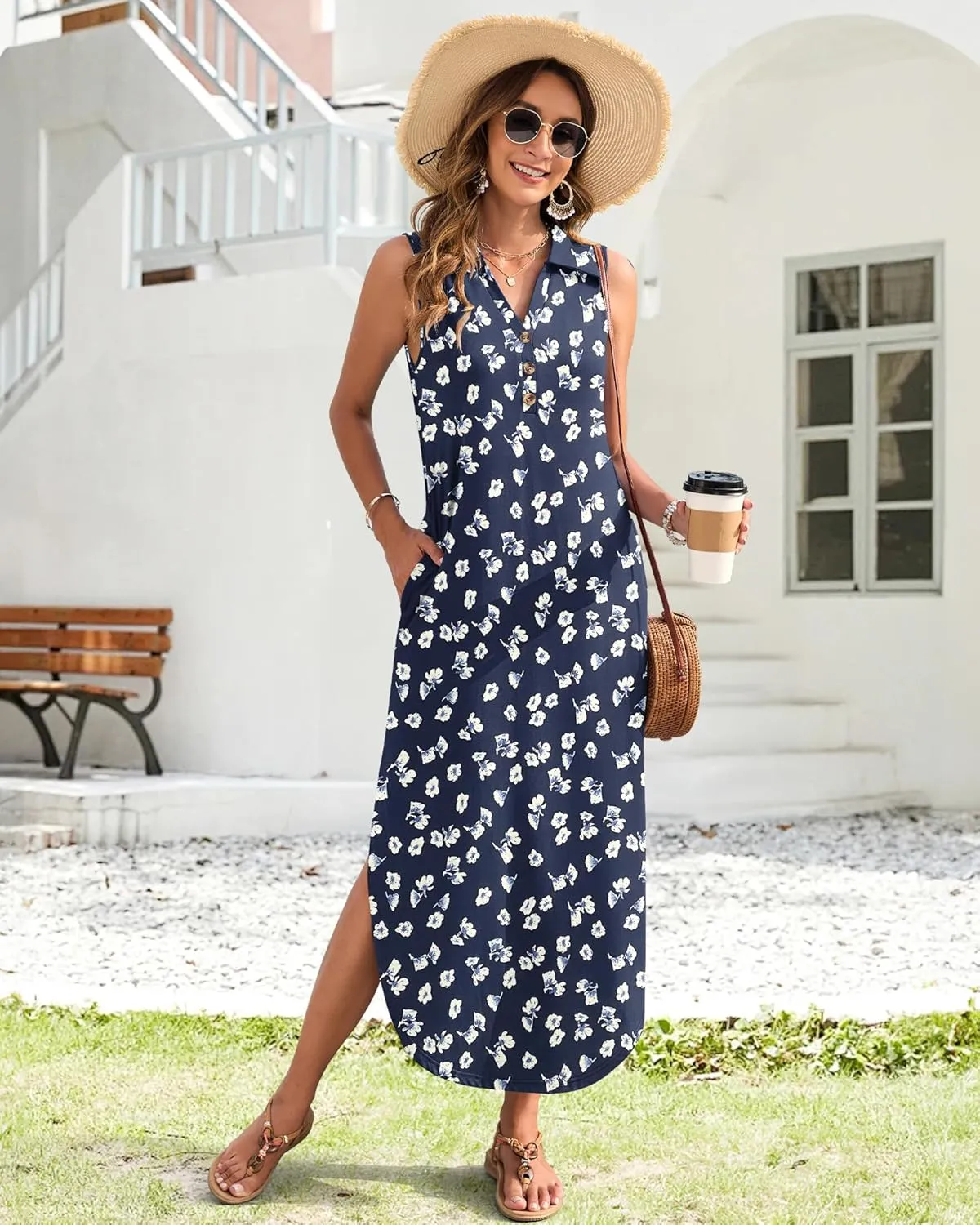 MOLERANI Women's Casual V Neck Maxi Dress Summer Long Sleeveless Sundress with Button 2025 Loose Fit Pockets