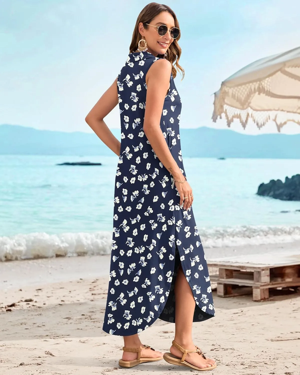 MOLERANI Women's Casual V Neck Maxi Dress Summer Long Sleeveless Sundress with Button 2025 Loose Fit Pockets