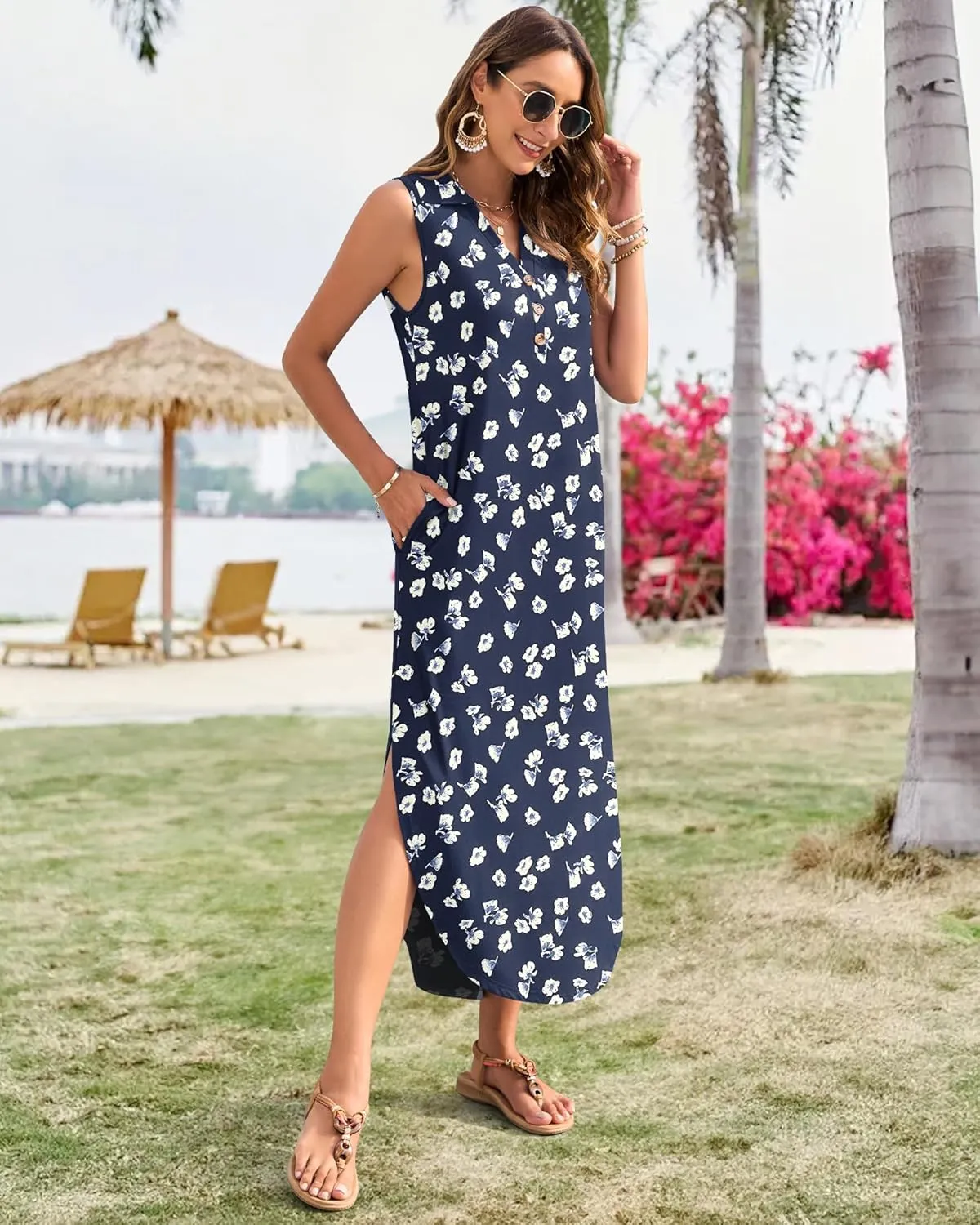 MOLERANI Women's Casual V Neck Maxi Dress Summer Long Sleeveless Sundress with Button 2025 Loose Fit Pockets