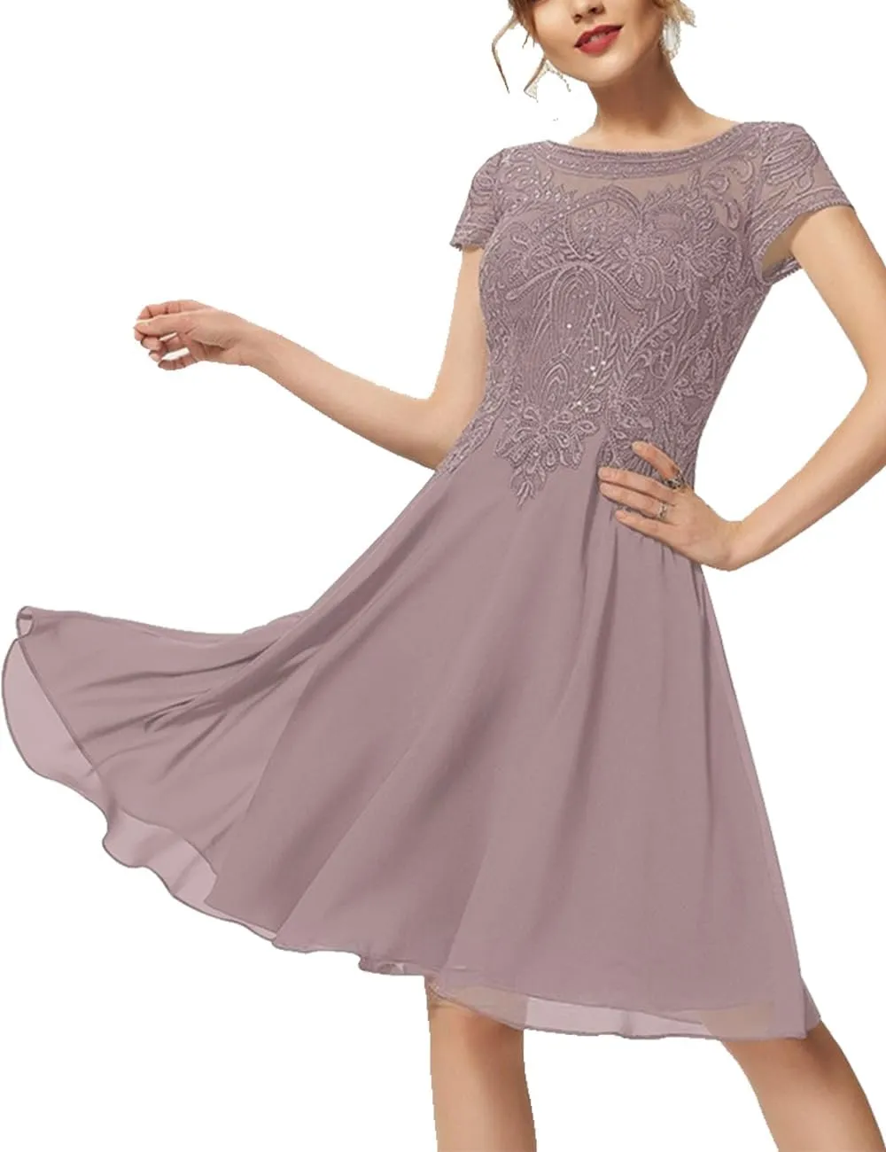 Mother of Bride Dresses Short Sleeve Lace Chiffon 2024 A-Line Scoop Formal Dress Knee-Length Cocktail Dress with Sequins RO63