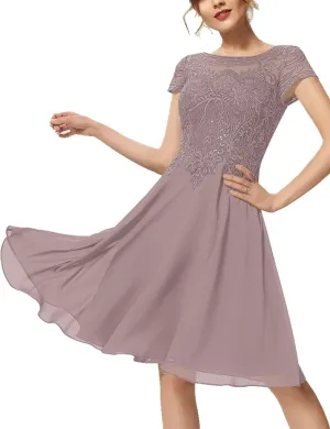 Mother of Bride Dresses Short Sleeve Lace Chiffon 2024 A-Line Scoop Formal Dress Knee-Length Cocktail Dress with Sequins RO63
