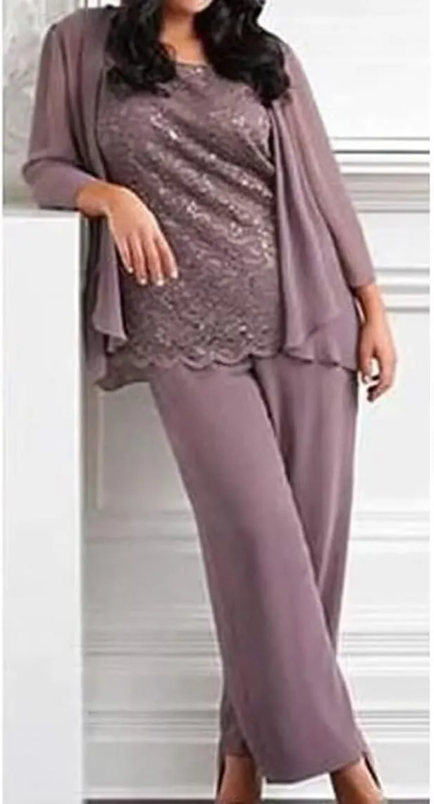 Mother of The Bride Pant Suits for Wedding Chiffon 3 Pieces Formal Pantsuits for Women Evening Party
