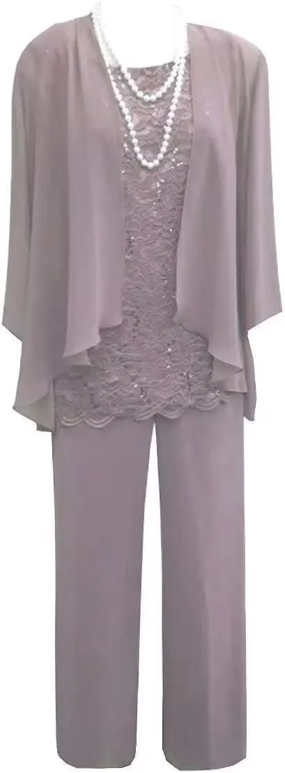 Mother of The Bride Pant Suits for Wedding Chiffon 3 Pieces Formal Pantsuits for Women Evening Party