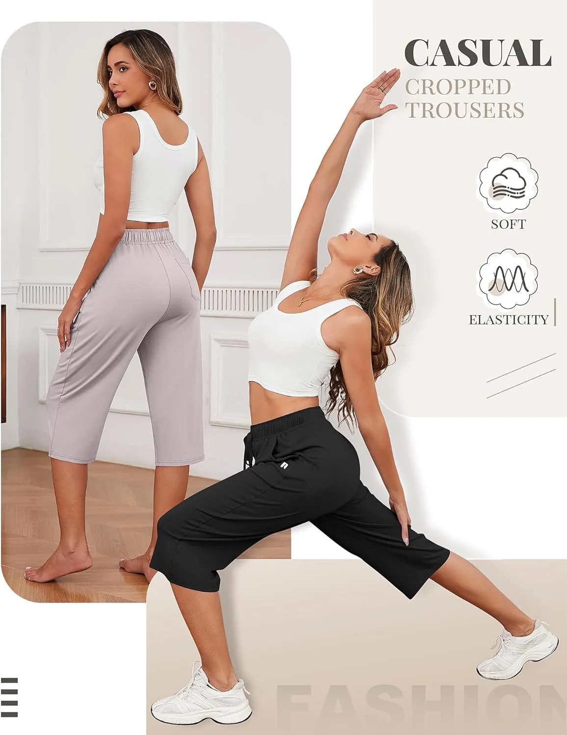 Neer 3 Pack Women's Capri Pants, Cotton Wide Leg Basic Sweatpants Lounge Loose Fit Casual Drawstring Yoga Capris with Pockets