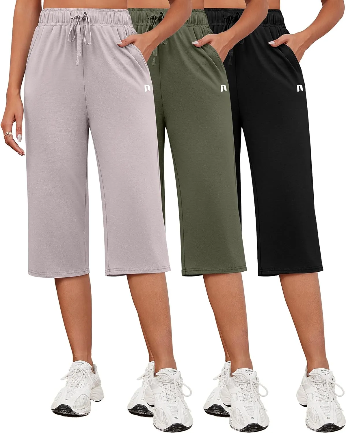 Neer 3 Pack Women's Capri Pants, Cotton Wide Leg Basic Sweatpants Lounge Loose Fit Casual Drawstring Yoga Capris with Pockets