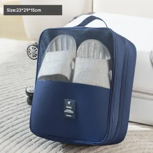 NNEDSZ 2 Pcs Dark Blue Waterproof Foldable Travel Shoe Storage Bag, Three-Layer Design Shoe Organizer, Portable Shoe Pouch for Trips