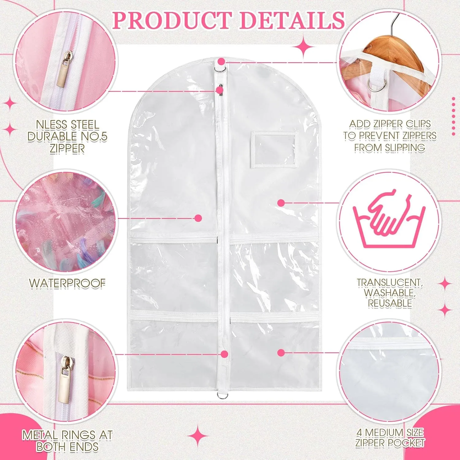 Nuenen 6 Pcs Kids Dance Costume Garment Bag for Hanging Clothes Clear Dance Garment Bags for Dancers with 5 Zipper Pockets Closet Hanging Clothes Cover(37 x 21 Inch,White)