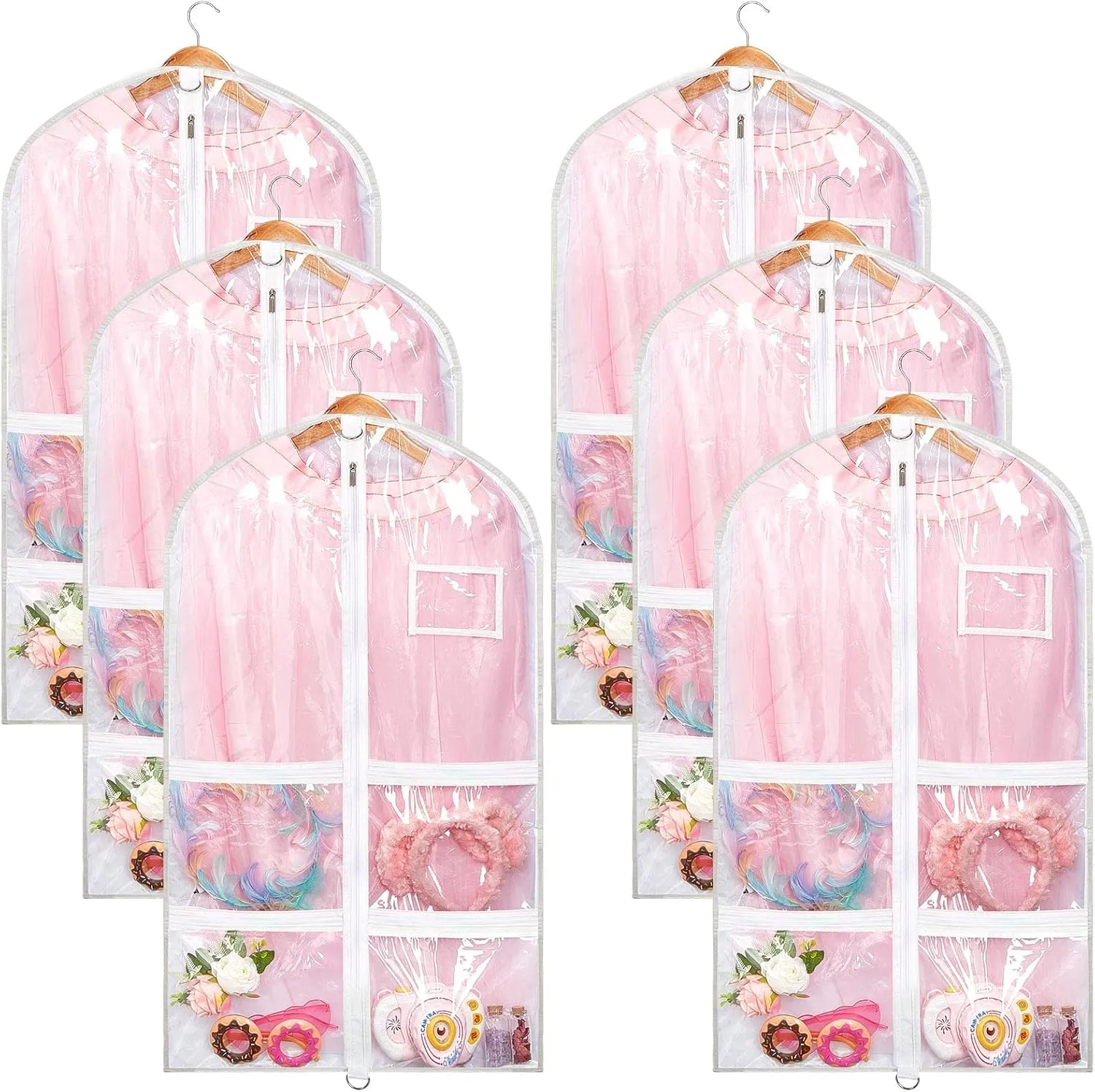 Nuenen 6 Pcs Kids Dance Costume Garment Bag for Hanging Clothes Clear Dance Garment Bags for Dancers with 5 Zipper Pockets Closet Hanging Clothes Cover(37 x 21 Inch,White)