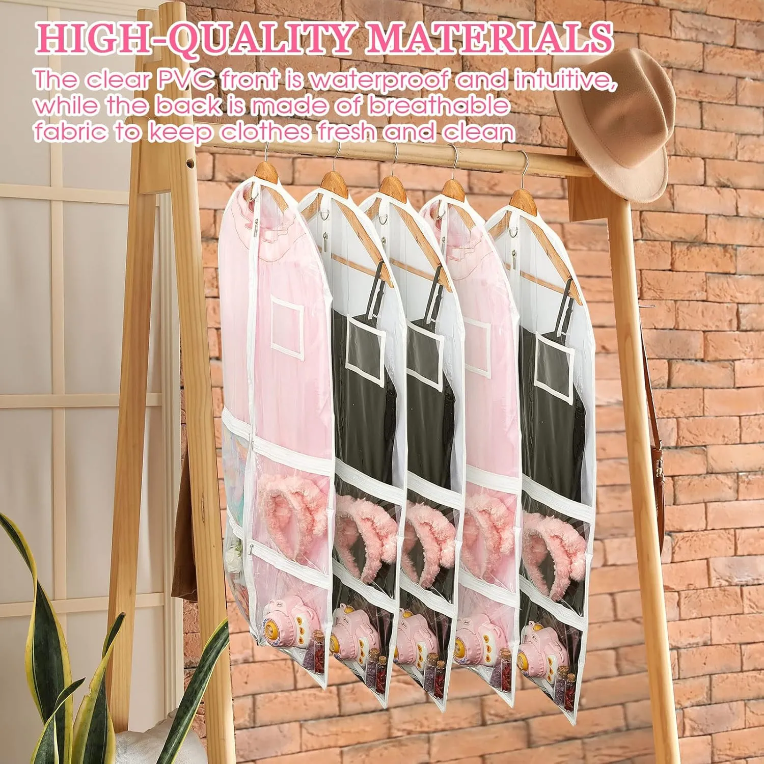 Nuenen 6 Pcs Kids Dance Costume Garment Bag for Hanging Clothes Clear Dance Garment Bags for Dancers with 5 Zipper Pockets Closet Hanging Clothes Cover(37 x 21 Inch,White)