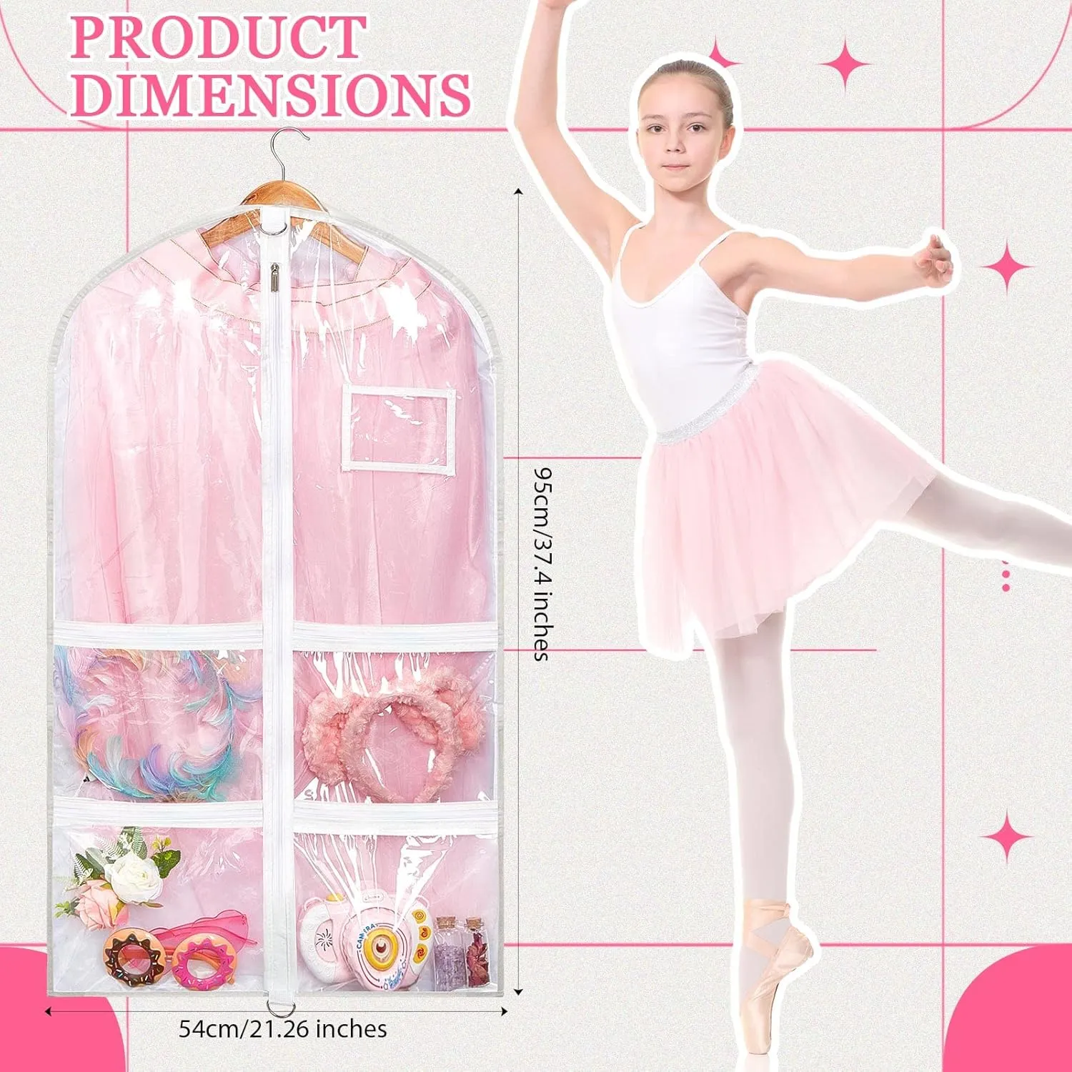 Nuenen 6 Pcs Kids Dance Costume Garment Bag for Hanging Clothes Clear Dance Garment Bags for Dancers with 5 Zipper Pockets Closet Hanging Clothes Cover(37 x 21 Inch,White)