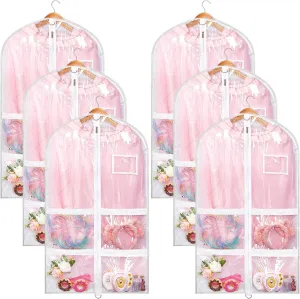 Nuenen 6 Pcs Kids Dance Costume Garment Bag for Hanging Clothes Clear Dance Garment Bags for Dancers with 5 Zipper Pockets Closet Hanging Clothes Cover(37 x 21 Inch,White)
