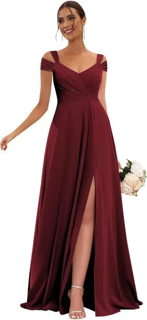 Off Shoulder Chiffon Bridesmaid Dresses for Women 2025 with Slit Long Ruched Wedding Guest Formal Prom Dress
