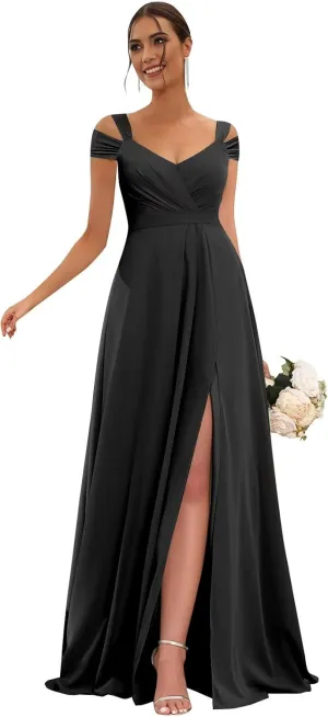 Off Shoulder Chiffon Bridesmaid Dresses for Women 2025 with Slit Long Ruched Wedding Guest Formal Prom Dress