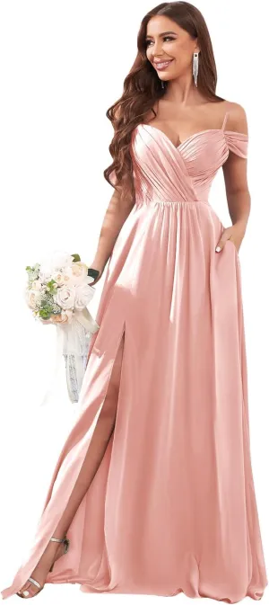 Off The Shoulder Bridesmaid Dresses for Wedding with Slit A-Line Chiffon Formal Party Gown with Pockets