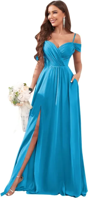 Off The Shoulder Bridesmaid Dresses for Wedding with Slit A-Line Chiffon Formal Party Gown with Pockets