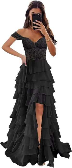 Off The Shoulder Prom Dresses Long Ball Gown with Slit Lace Appliques Tiered Chiffon Formal Evening Gown for Women