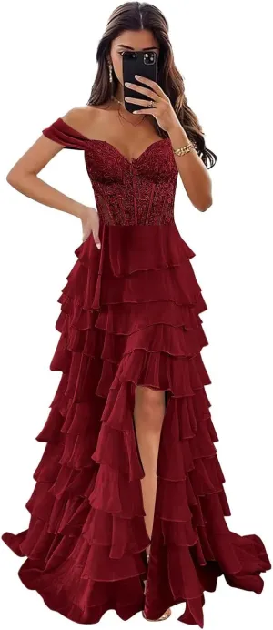 Off The Shoulder Prom Dresses Long Ball Gown with Slit Lace Appliques Tiered Chiffon Formal Evening Gown for Women