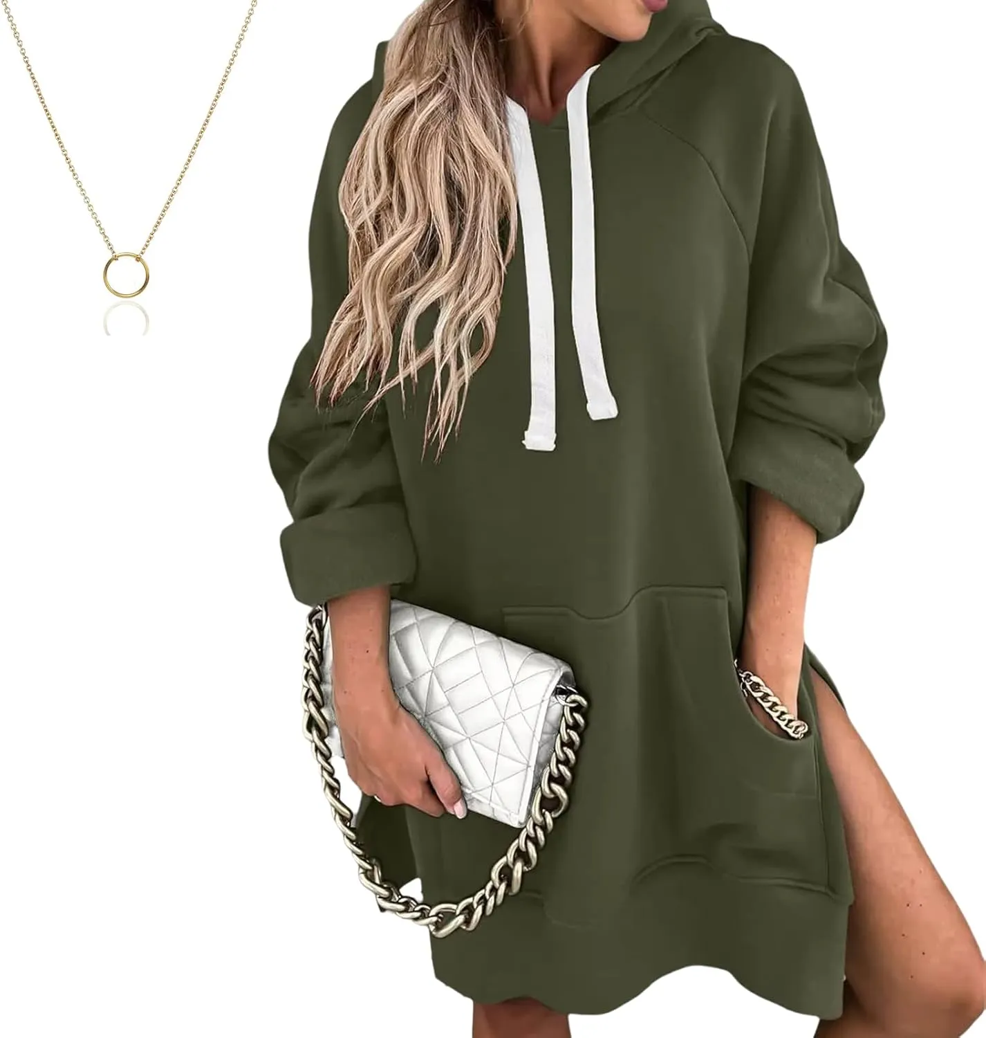 Oversized Hoodie Dress Women Sweatshirt,Hoodies Pullover Long Sleeve Side Split Tshirt Dress with Pocket